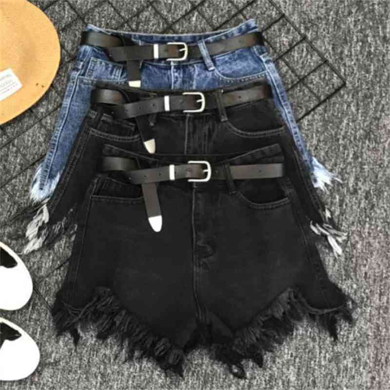 

summer fashion irregular denim shorts women high waist tassel black wide leg jeans shorts 210611, Dark gray