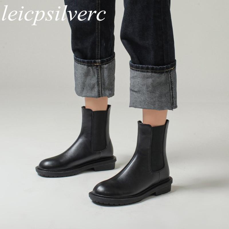 

Boots Women Autumn Winter Med Heel Pu Ankle Square Platform Work Safety Round Toe Elastic Band 2021 Patchwork Leisure Black