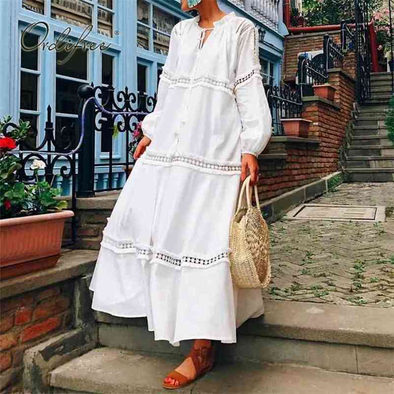 

Summer Women Boho Maxi Dress Cotton Loose Shirt White Lace Tunic Beach 210513