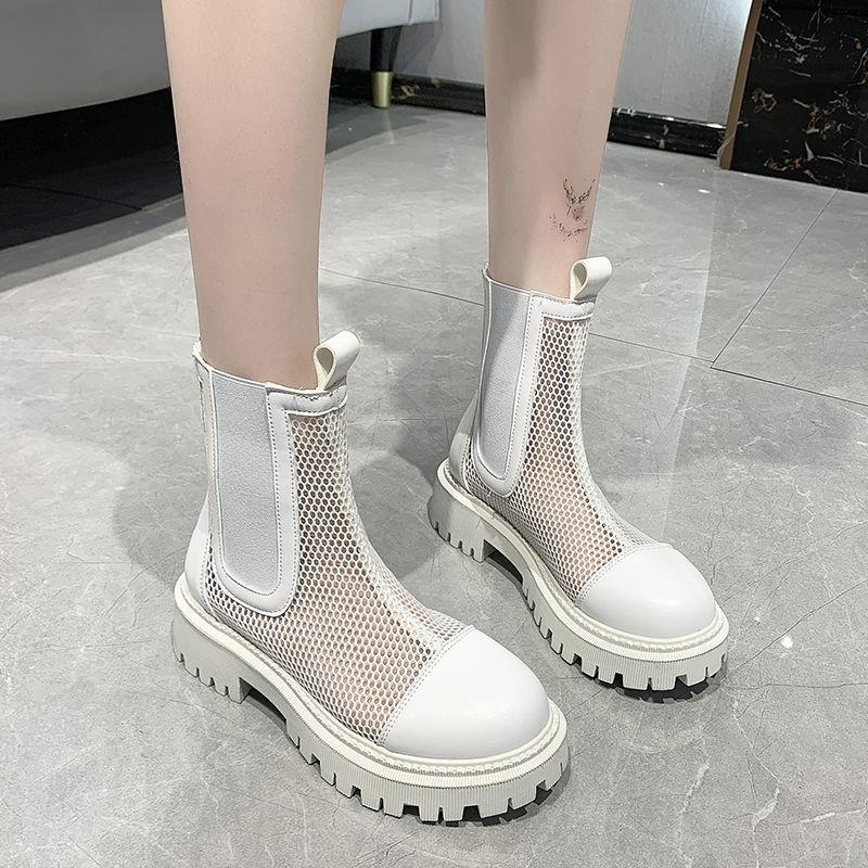 

Women Shoes Platform Sandals 2021 Summer Mesh Hollow Outs British Style Boots Fashion All-Match Short, Black