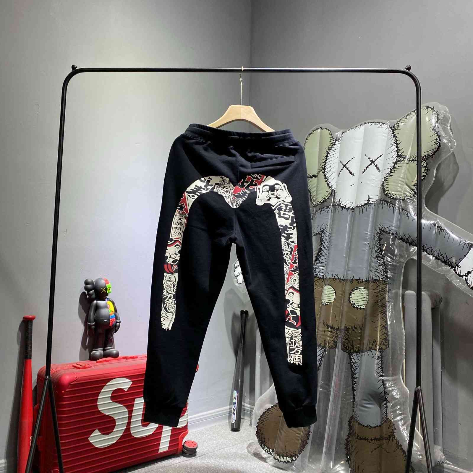 

New style brand outlet high quality new EV Fujia casual pants big fish big M printed pair pants, Black