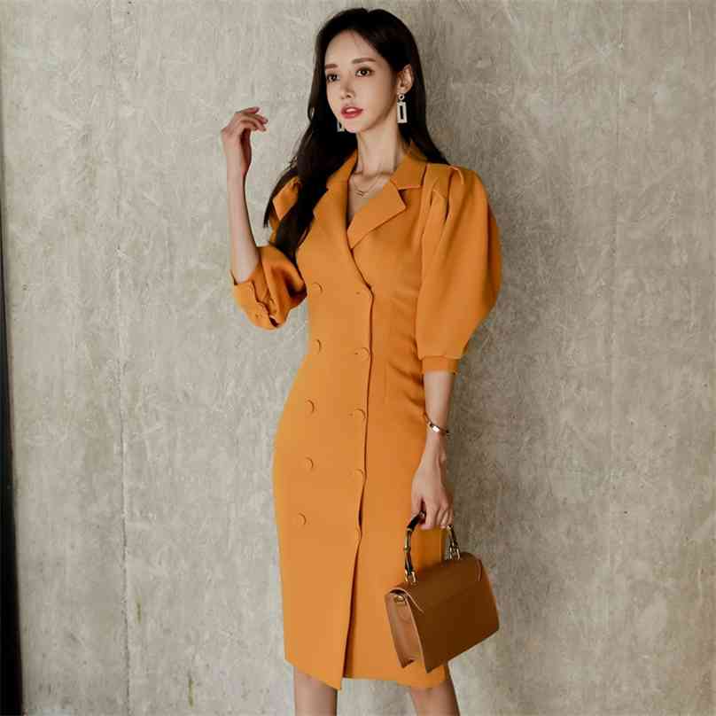 

Yellow blazer Dress korea Ladies double-breasted lantern sleeve long Sleeve notched Office Party Dresses for women 210602