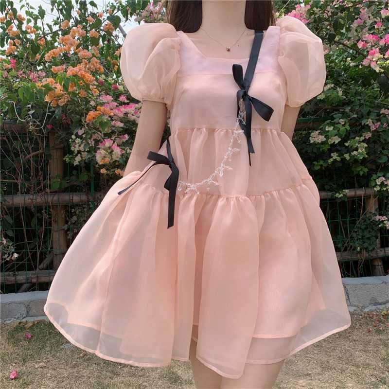 

French Women Sweet Puff Sleeve Chiffon Mini Dress Vintage Summer Elegant Square Collar Kawaii Fairy Female 210526, Photo color