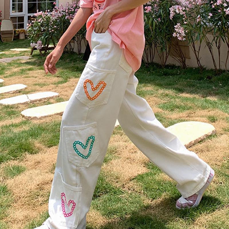 

Women' Pants & Capris Harajuku Style Streetwear Wide-leg Trousers Autumn Straight-leg Loose Retro High-waisted Heart-shaped Dot Printing, Black