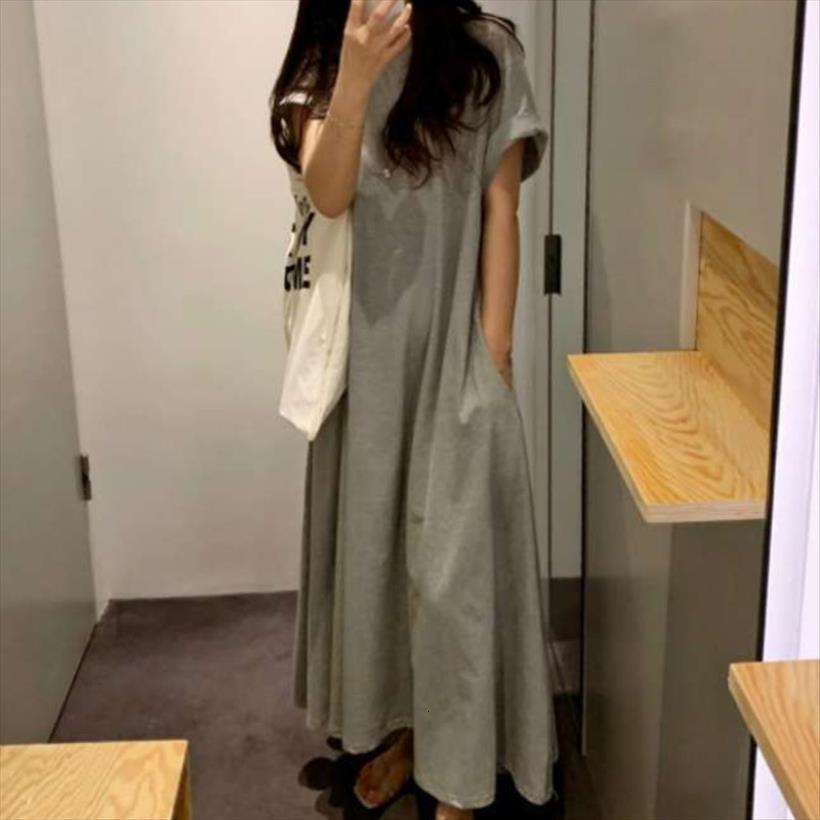 

[ewq] 21 korea summer womens dress fashion elegant simplicity casual gray home personality loose large size pure color 16f1144, Black;gray