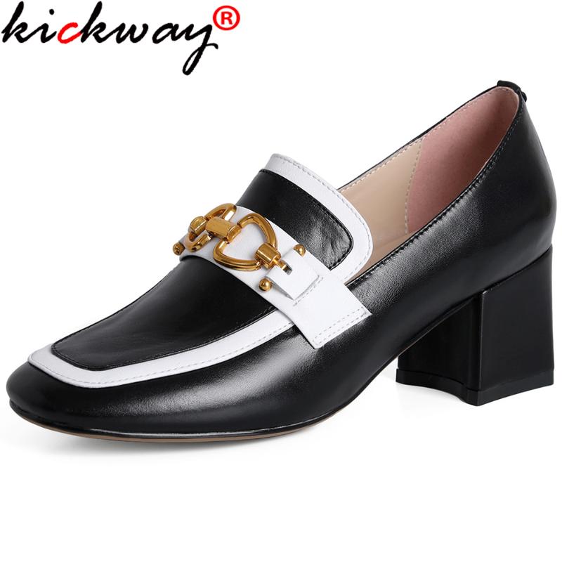 

Kickway Shallow High Heels Pumps Metal Decoration Square Toe Shoes For Women Genuine Leather Wedding Party Woman Dress, Black