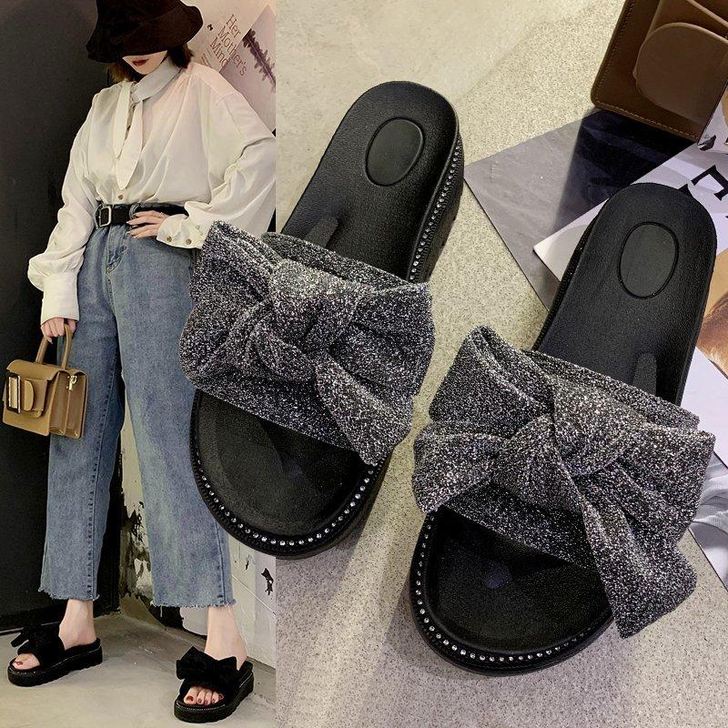 

Slippers Summer Casual Beach Shoes Elegant Bowknot Thick Bottom Non-Slip Wear-Resistant Fashion Black Ladies Slippers., Silver