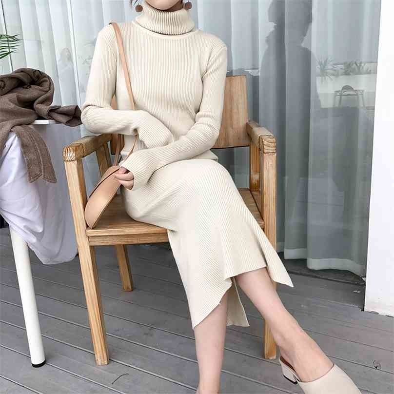 

Korean Style Sweater Dress Women Slim Long Sleeve Bodycon Knitted es Ladies Elegant Turtleneck Solid Midi Robe 210525, Caramel