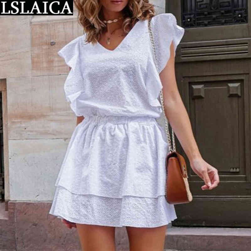 

Ruffled Bohemian Dress for Women Vacation Casual Short Simple Small Fresh Style Party Solid Color Vestidos De Verano 210520, White
