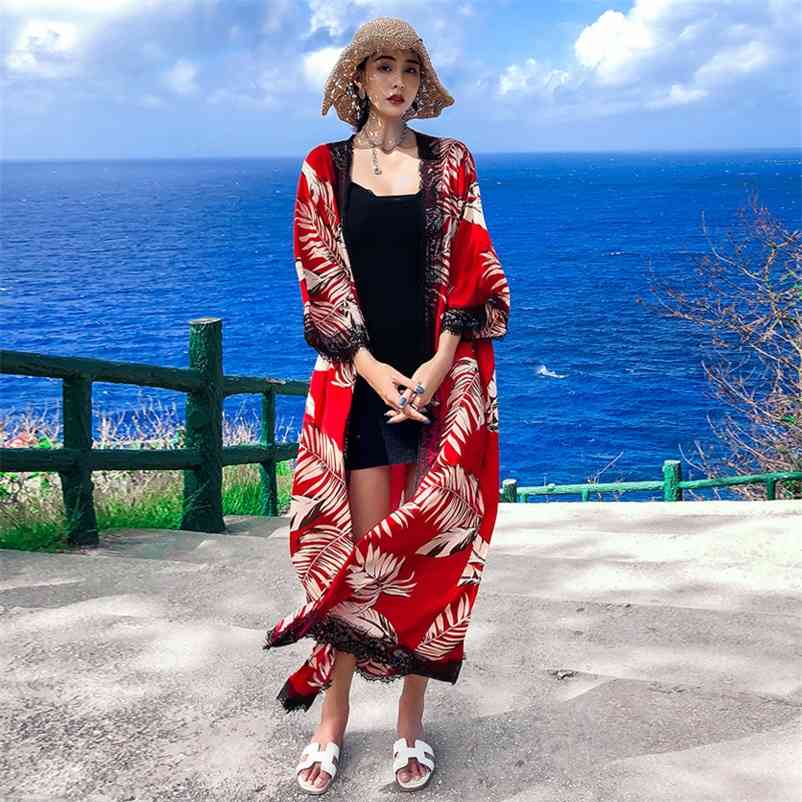 

Summer Print Holiday Chiffon Beach Shirts Lady Bohemia Tropical Vacation Cardigan Female Ethnic Blouse 210519, Win red
