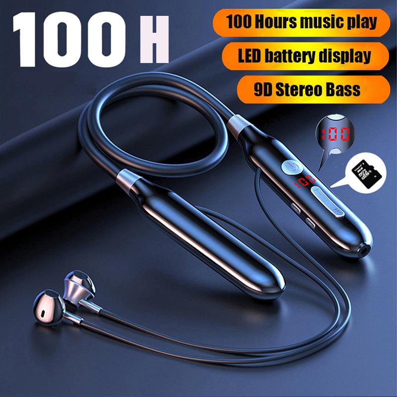 

Headphones & Earphones 100 Hours Playback Earphone Bluetooth Sports Running Wireless Stereo Bass Earbuds LED Battery Display With Microphone, Black