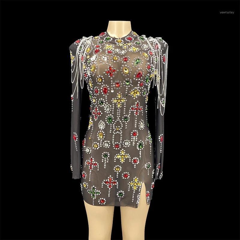

Party Decoration Design Black Mesh Colorful Crystals MINI Dress Sexy Chains Sleeves Costume Evening Turtleneck