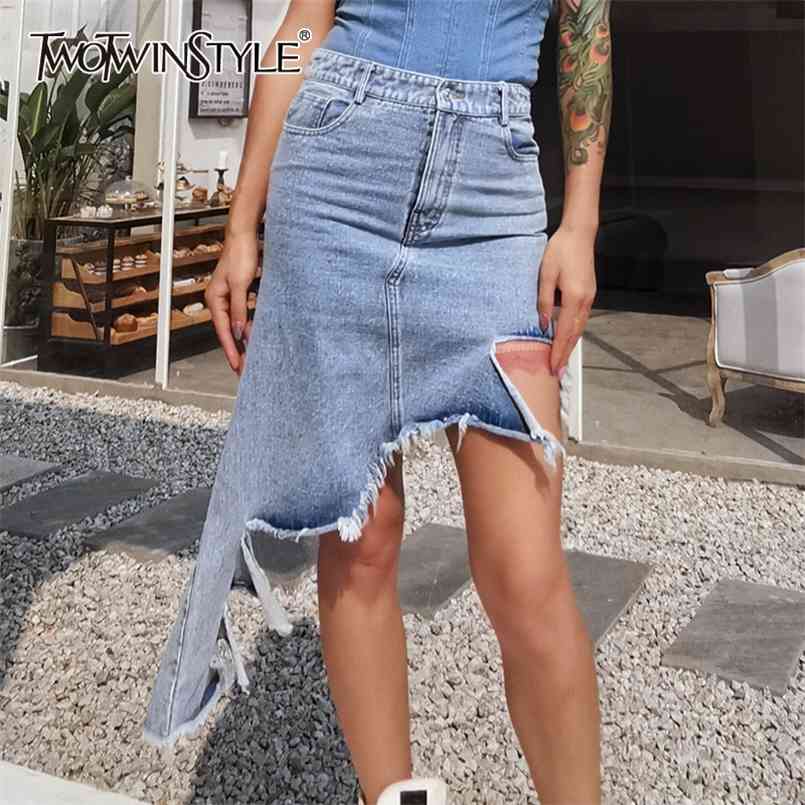 

Asymmetrical Patchwork Tassel Skirt For Women High Waist Irregular Hem Denim Skirts Female Fashion Clothing 210521, Blue