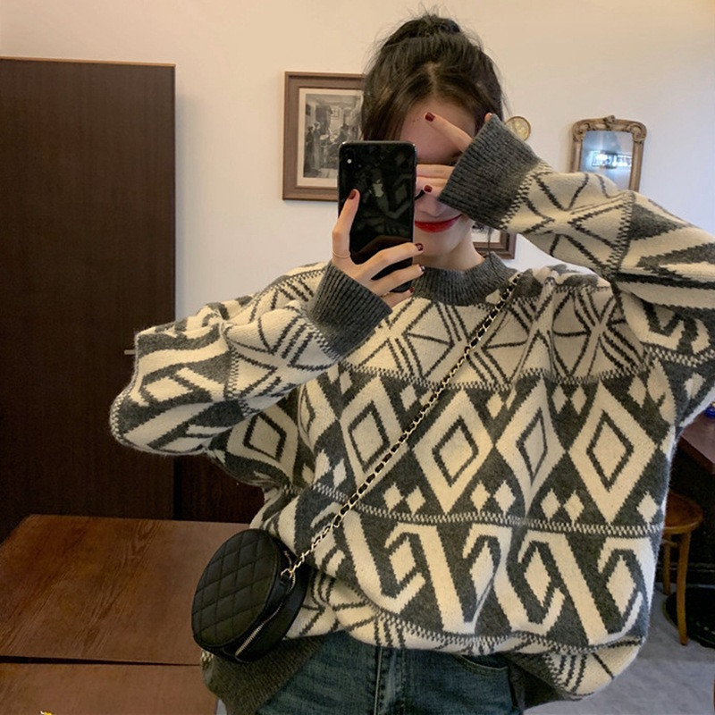

Fashionable Argyle O Neck Oversized Knitted Top Women's Out Wear Autumn Winter All Match Casual Warm Sweater Female 210520, Brown