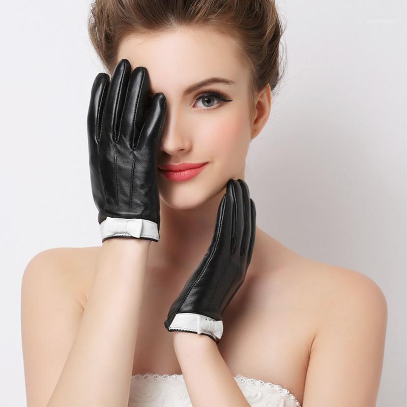 

Genuine Leather Gloves Women's Winter Plus Velvet Touchscreen Sheepskin Bowknot Fashion Trend Black Driving Glove F80011