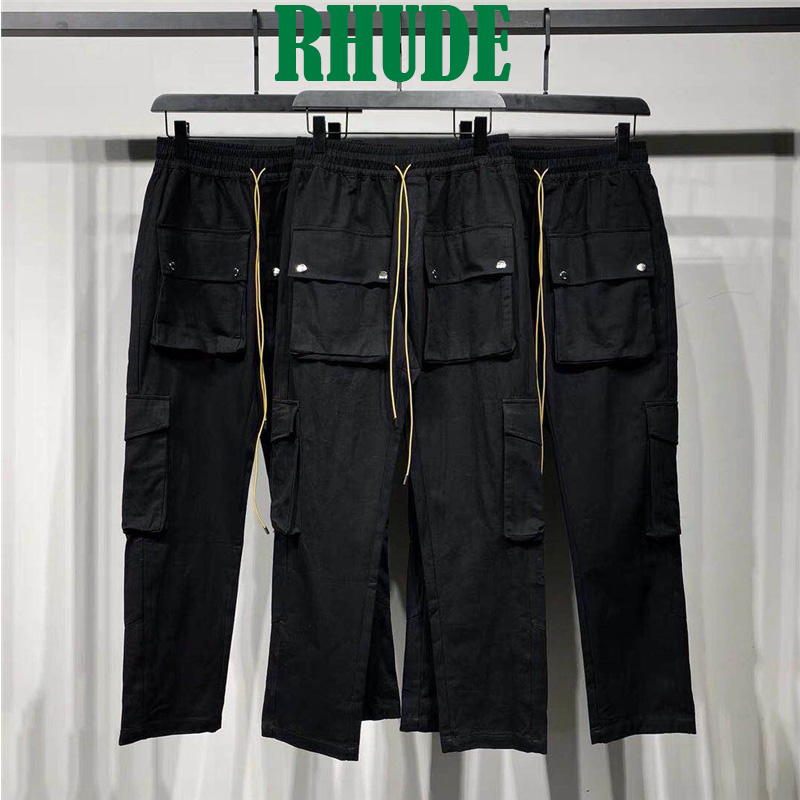 

Rhude 2020 classic Multi Pocket buckle tooling high street drawstring mens and womens trousers black S-XL