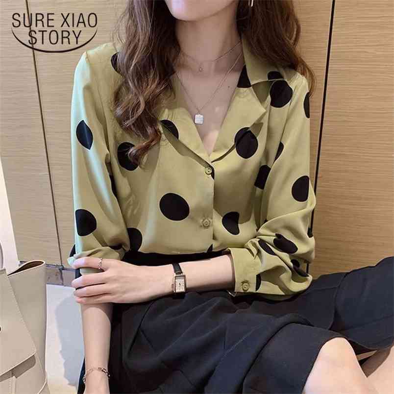 

Spring Women Long Sleeve Shirt Fashion Retro Polka Dot Chiffon Women's Tops and Blouses Casual Cardigan Clothing 8886 210519, Apricot