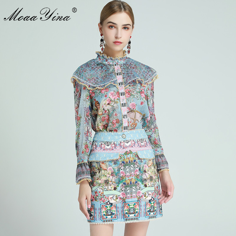 

Fashion Designer Set Spring Women's Ruffles Long sleeve Blouses Tops+Beaded Angel Floral-Print Skirt Two-piece sets 210524, Turquoise