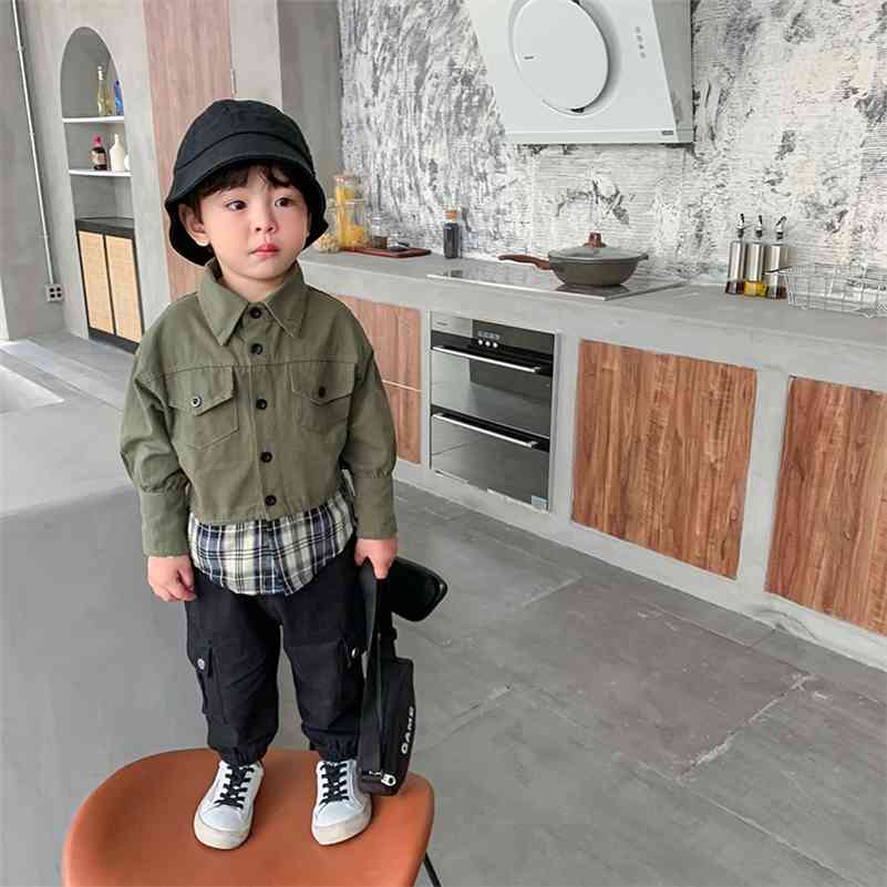 

Spring Autumn boys fashion plaid patchwork long sleeve shirts Kids Tooling style Tops 210708, Green