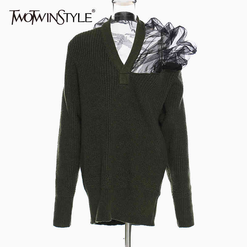 

Mesh Patchwork Ruffle Sweater For Women V Neck Long Sleeve Knitted Pullovers Female Fashion Clothing 210524, Green