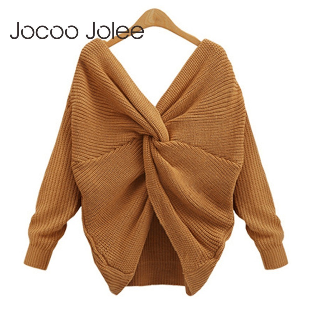 

Jocoo Jolee Autumn V Neck Twisted Back Sweater Fashion Knitted Pull Sweater Casual Pullover Tops Femme Jumpers 7 Colors 210518, Black