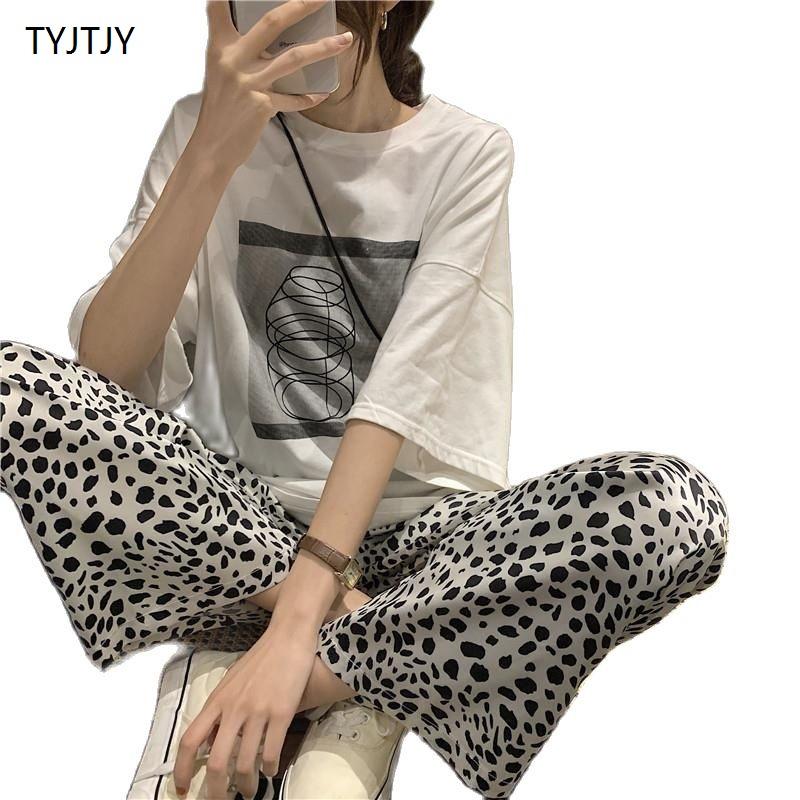 

Women' Tracksuits Tracksuit Women Summer 2021 Retro High Waist Wide Leg Mopping Pants Leopard Casual Female Two Piece Set, White suit