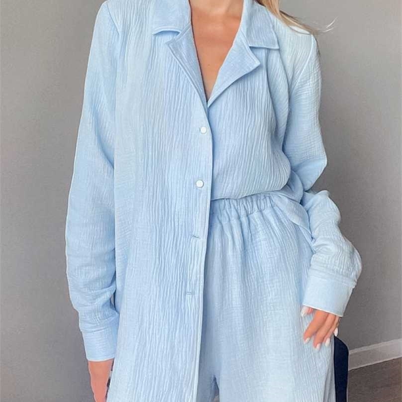 

Womens Autumn Suit Turn Down Collar Pajamas For Women Nightwear 100% Cotton Women's Nightgown Palazzo Pants Pijama Trouser Suits 211106, Blue