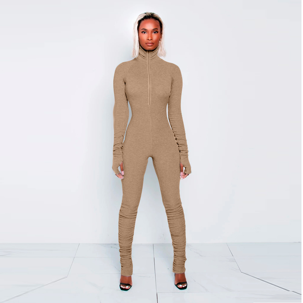 

KGFIGU Rompers Jumpsuit 2021 New Style Womens High Neck Zipper Rib One Piece Bodycon Outfits Sexy Long Sleeve Khaki Overalls, Gray-p