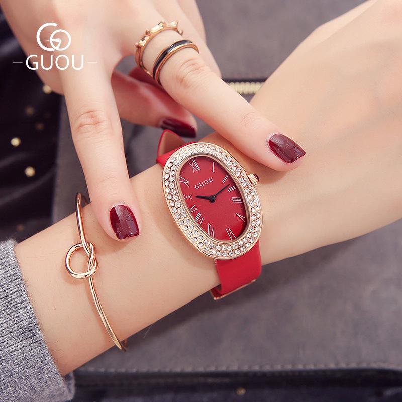 

Wristwatches GUOU Corium Strap Quartz Watches Women Diamond-encrusted Waterproof Fashion Women's Wristwatch 24-hour Indication, No.1