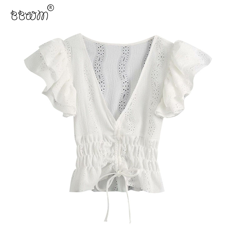 

Women Sweet Fashion Ruffles Tie Drawstrings Short Blouses Vintage V Neck Short Ruffled Sleeves Shirts Casual Chic Tops 210520, As picture