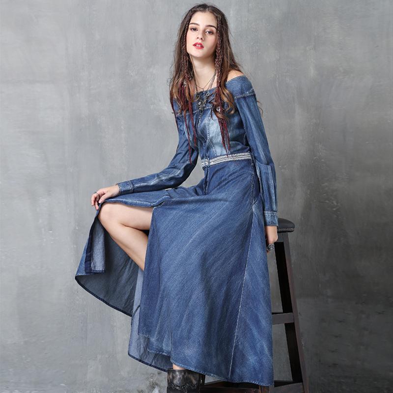 

Casual Dresses Vintage Blue Denim Dress For Women Off Shoulder Maxi With Embroidery Belt Vestido Jeans Spring Long Sleeve