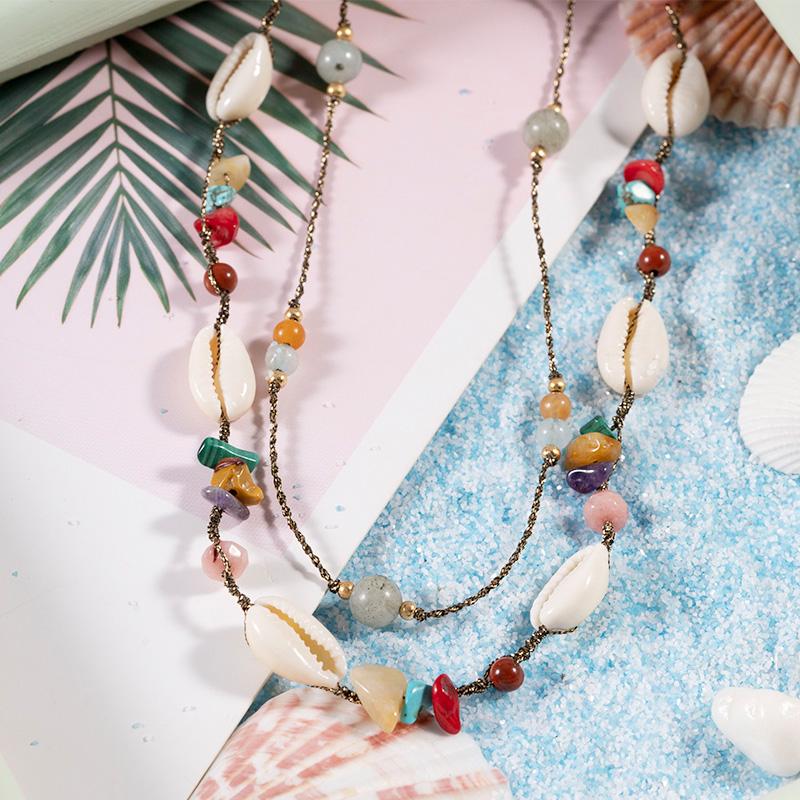 

Pendant Necklaces Boho Shell Stone Seashell Waxed String Handmade Multi Layered Beaded Strand Necklace Women Layering Beach Pearl