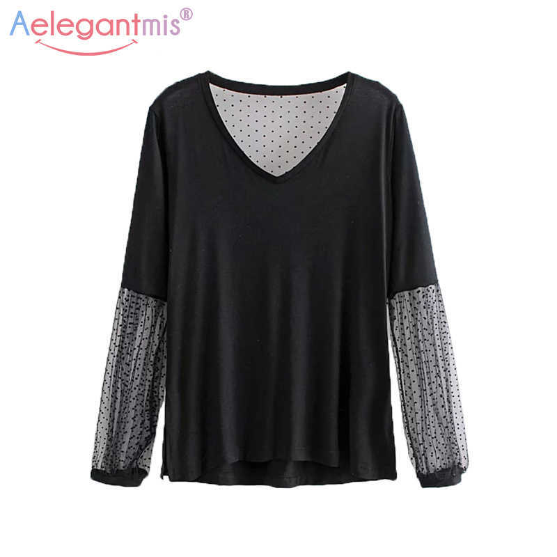 

Aelegantmis Summer Sexy V Neck Lantern Long Sleeve Tshirt Women Fashion Back Mesh Transparent T Shirt Ladies Casual Tops 210607, Black