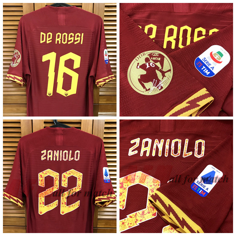 

ASR 19/20 Fans version home Shirt Jersey Short sleeves De Rossi Dzeko Zaniolo Football Custom Patches Sponsor, Black