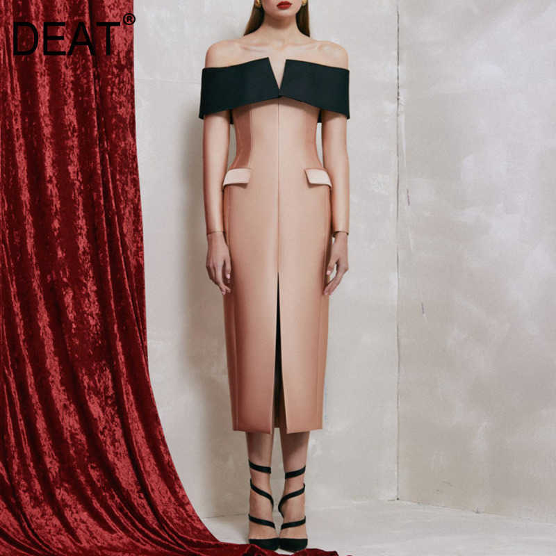 

[DEAT] Summer Fashion Slash Neck High Waist Sleeveless Patchwork Temperament Elegant Dress Women Quality 13D140 210527, Pink