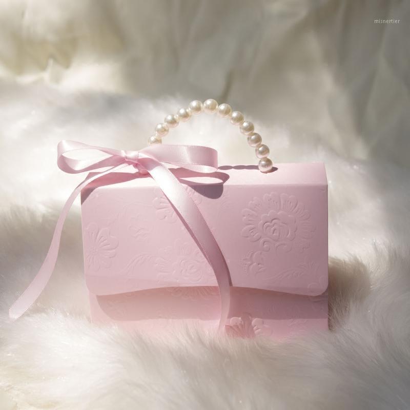 

Gift Wrap 25pcs/lot Boxes Blue Pink Handbag Bags With Handles Portable Party Wedding Favor Candy Baby Shower