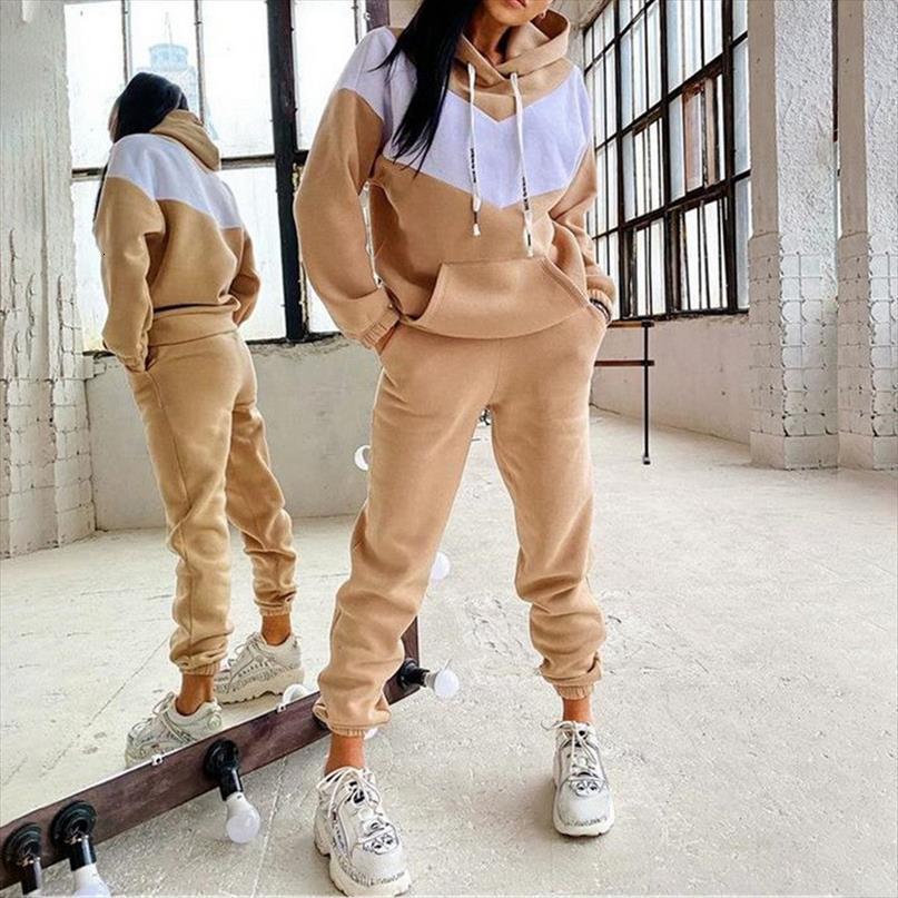 

2pcs set sport tracksuit womens pants hoodies hooded sweatshirt jogger wear ladies casual autumn streetwear sweat suit, White