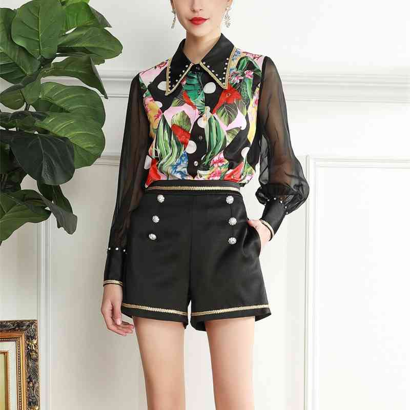 

Truevoker Runway Party Two Piece Set Women Long Sleeve Print Crystal Blouses + High Waist Black Short Resort Lady et 210602