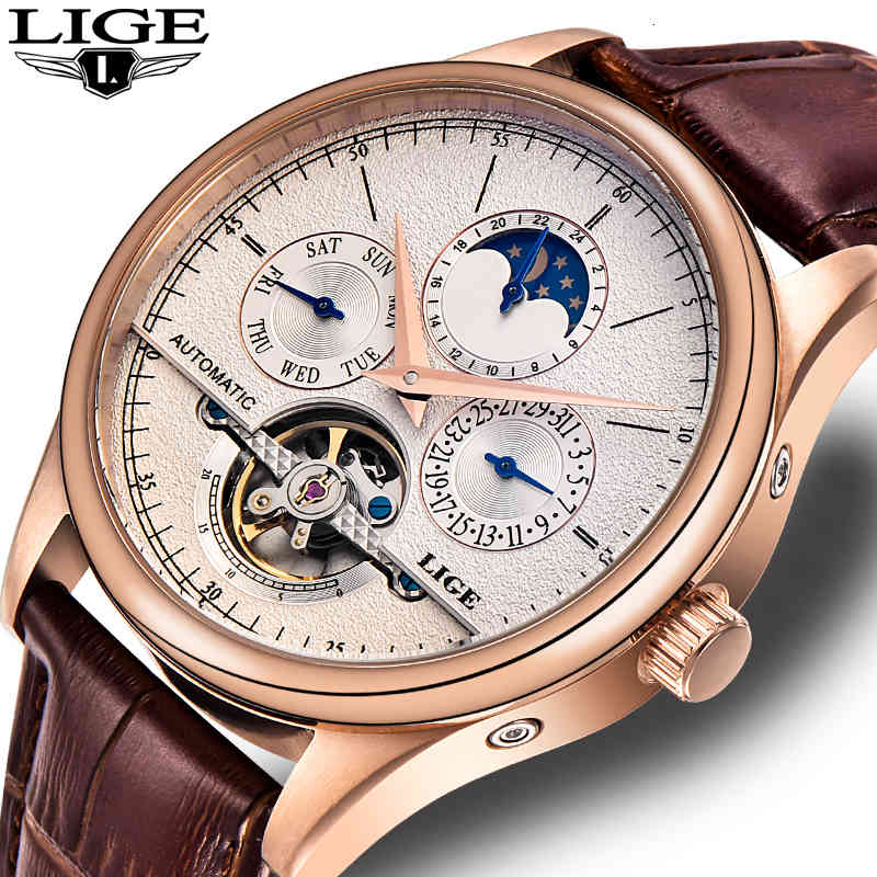 

LIGE Brand Men Watches Automatic Mechanical Watch Tourbillon Sport Clock Leather Casual Business Retro Wristwatch Relojes Hombre V191115, Gold white
