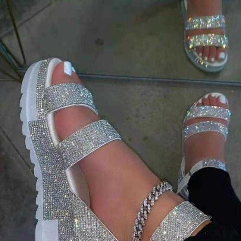 

2021 Summer Sandals Fashion Rhinestone Women's Shoes Open Toe Outdoor Plus Size -43 Sandalia Plataforma Zapato Mujer Y0721, Red