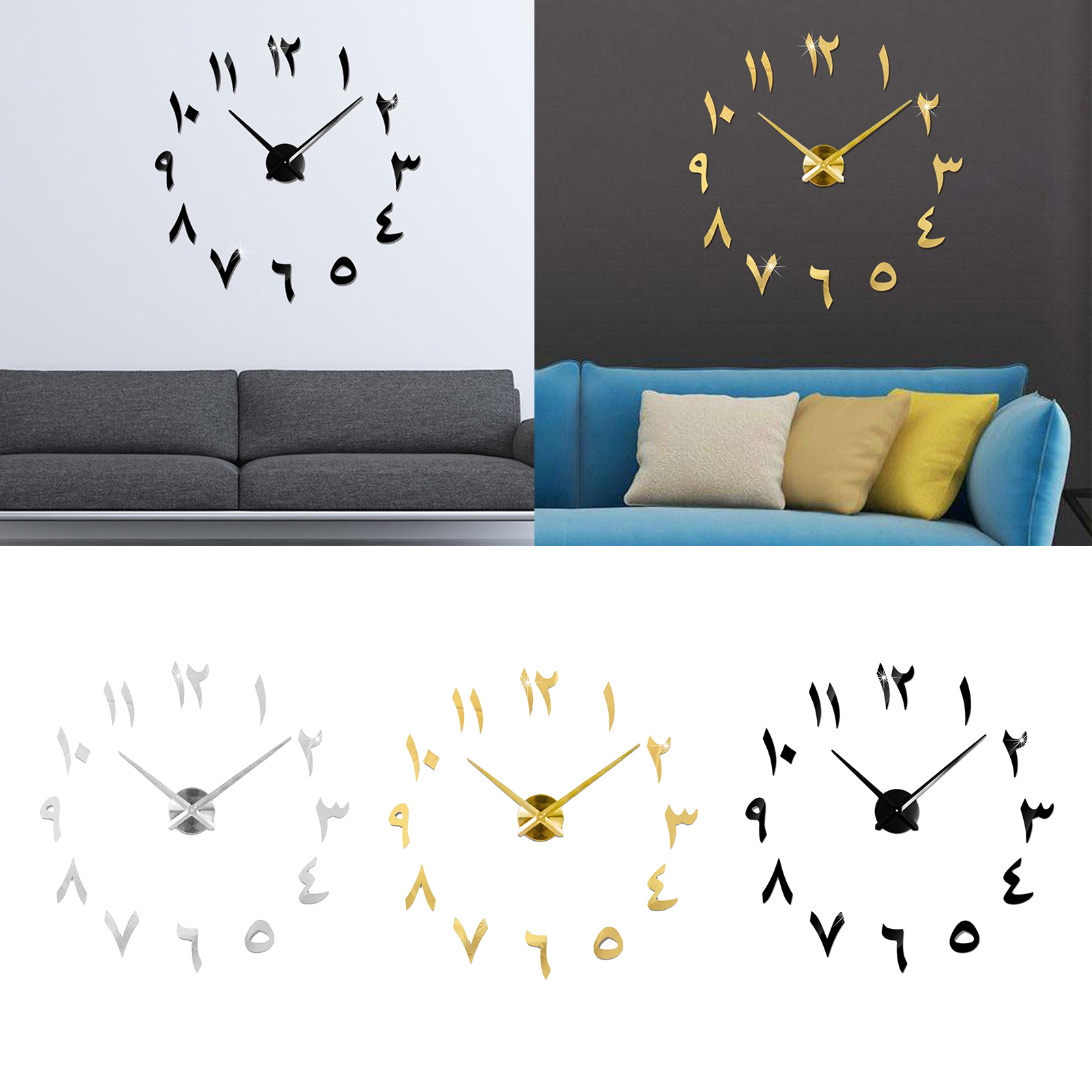 

Wall Clock 3D Arabic Numerals Mirror Stickers Mute Watch DIY for Home Decor