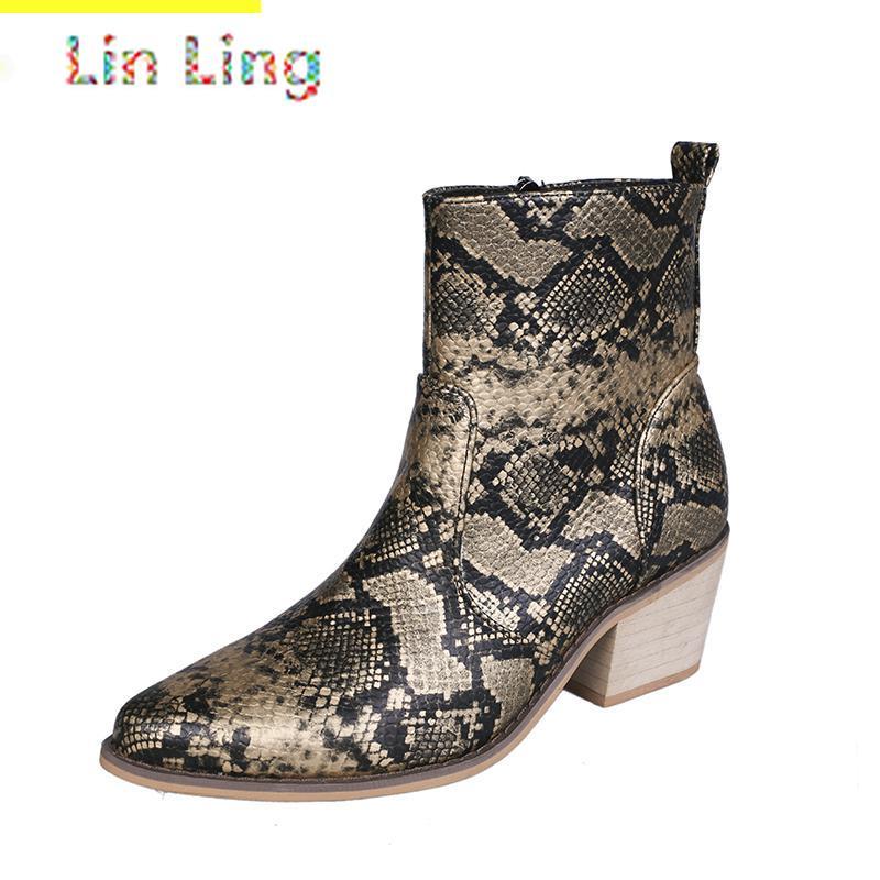 

Boots Printed Flower Women Winter Shoes Woman Vintage Cloth Ankle Chunky Heel Ladies Motorcycle Snake Size 42 High Heels, Black