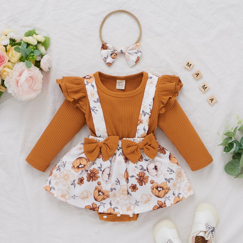 

Clothing Sets Children's Girls Sweater Floral Bow Suspender Skirt And Headwear Three-piece Set Toddler Girl Clothes, White
