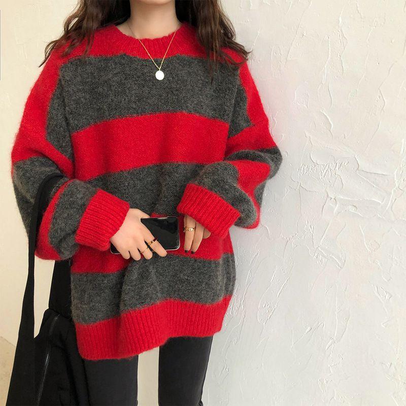 

Women's Sweaters Y2K Women Oversized Thin Sweater Vintage Striped Loose Pullover Streetwear Autumn Knitted Jumper Sueter Mujer, White;black