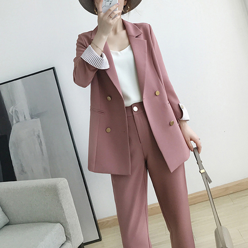 

women's suits & blazers suits autumn new women's temperament double-breasted pink large size suit jacket casual feet pants set two, White;black