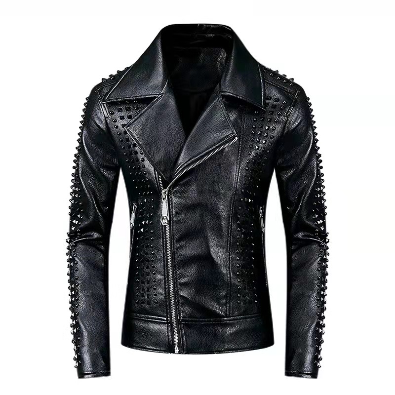 

Fashional design Men's leather jacket with rivet & zipper motorcycle coat, Black