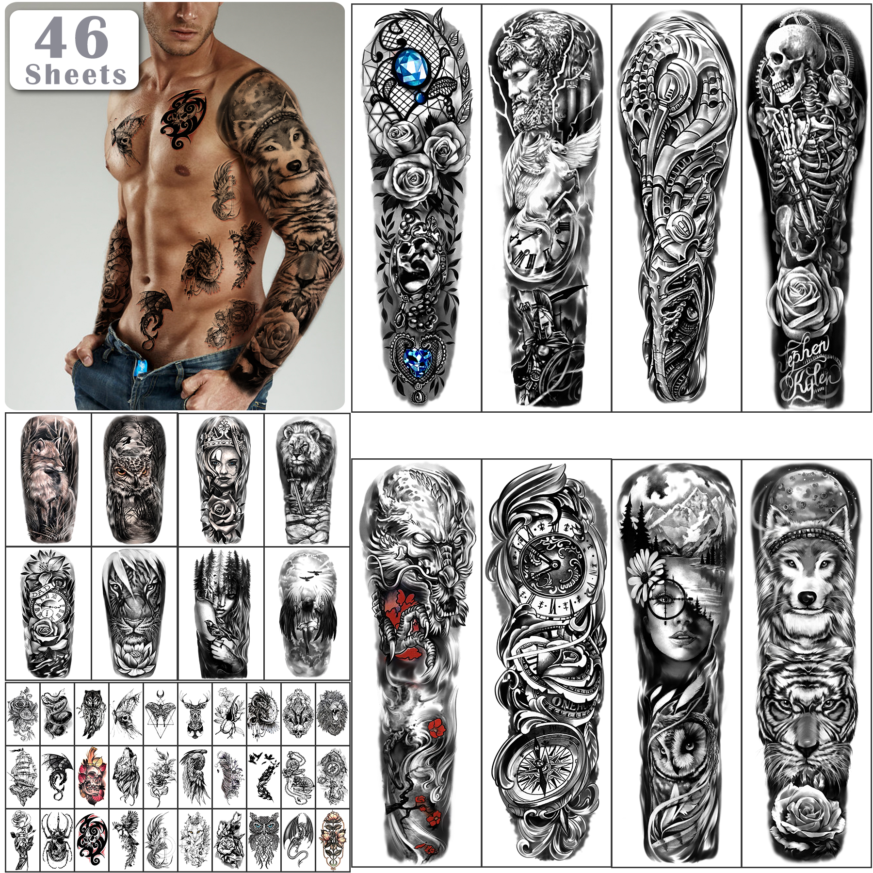 Metershine 46 Sheets Full and Half Arm Waterproof Temporary Fake Tattoo Stickers for Men Women Girl Express Body Shoulder Chest Neck Art-image-696094075