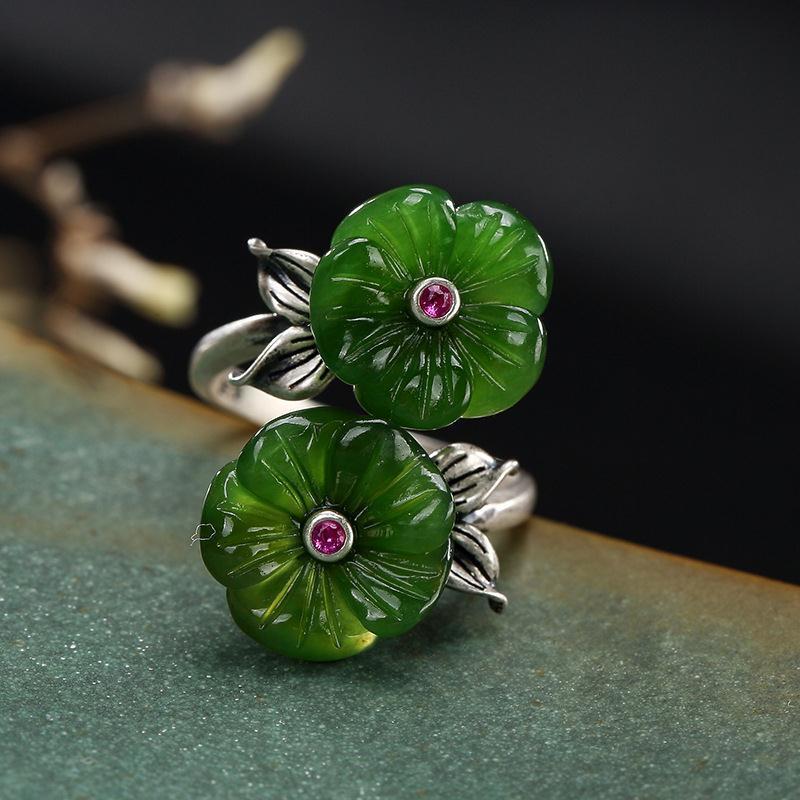 

Cluster Rings Silver Original Inlaid Natural Hetian Jade Double-headed Plum Blossom Retro Chinese Style Open Adjustable Women's Ring