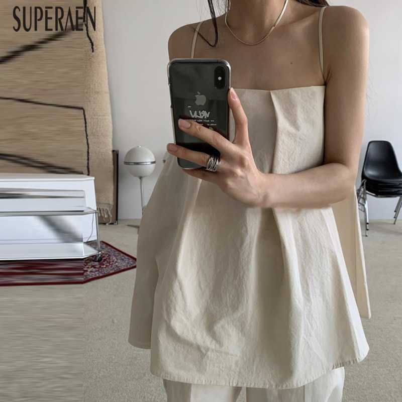 

SuperAen Korean Style Women Sleeveless Camis Wild Solid Color Fashion Ladies Summer Tops 210608, Beige