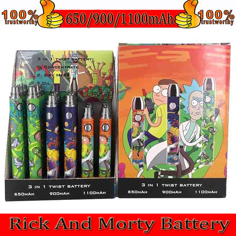 

R and M Cartoon Pre-heating Battery 650mah/900mah/1100mah 3 In One 510Thread E Cigarette Variable Voltage For Thick Oils Atomizer